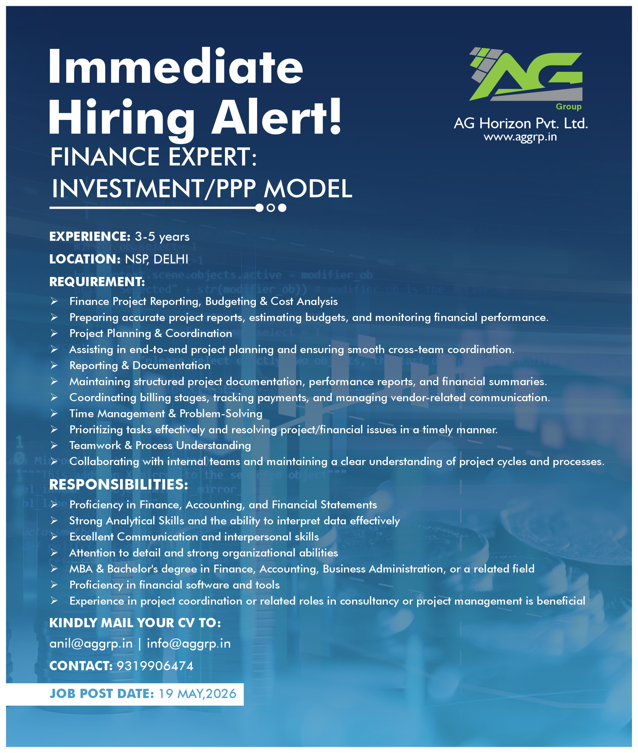 AG Group Job Requirement - Finance Expert