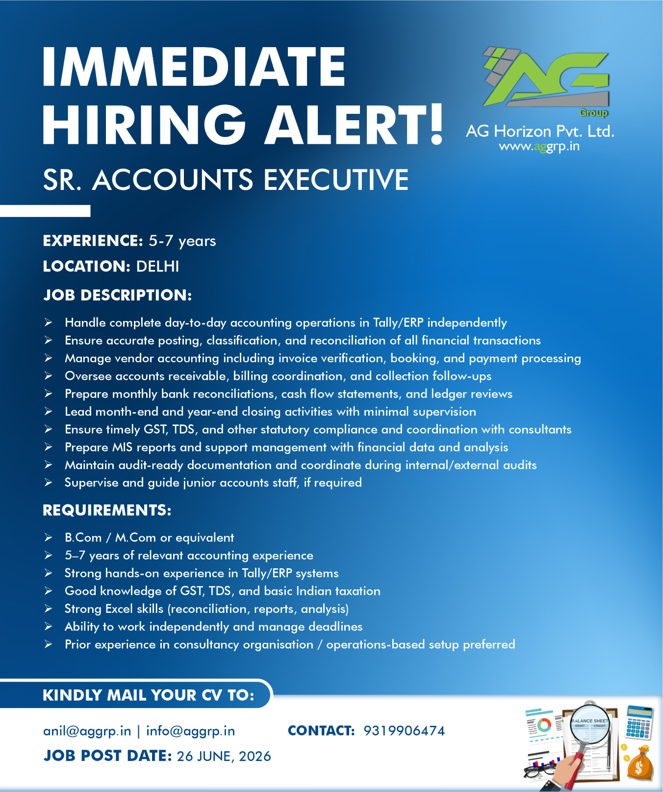 Job Requirement For Sr. Accounts Executive - AG Group